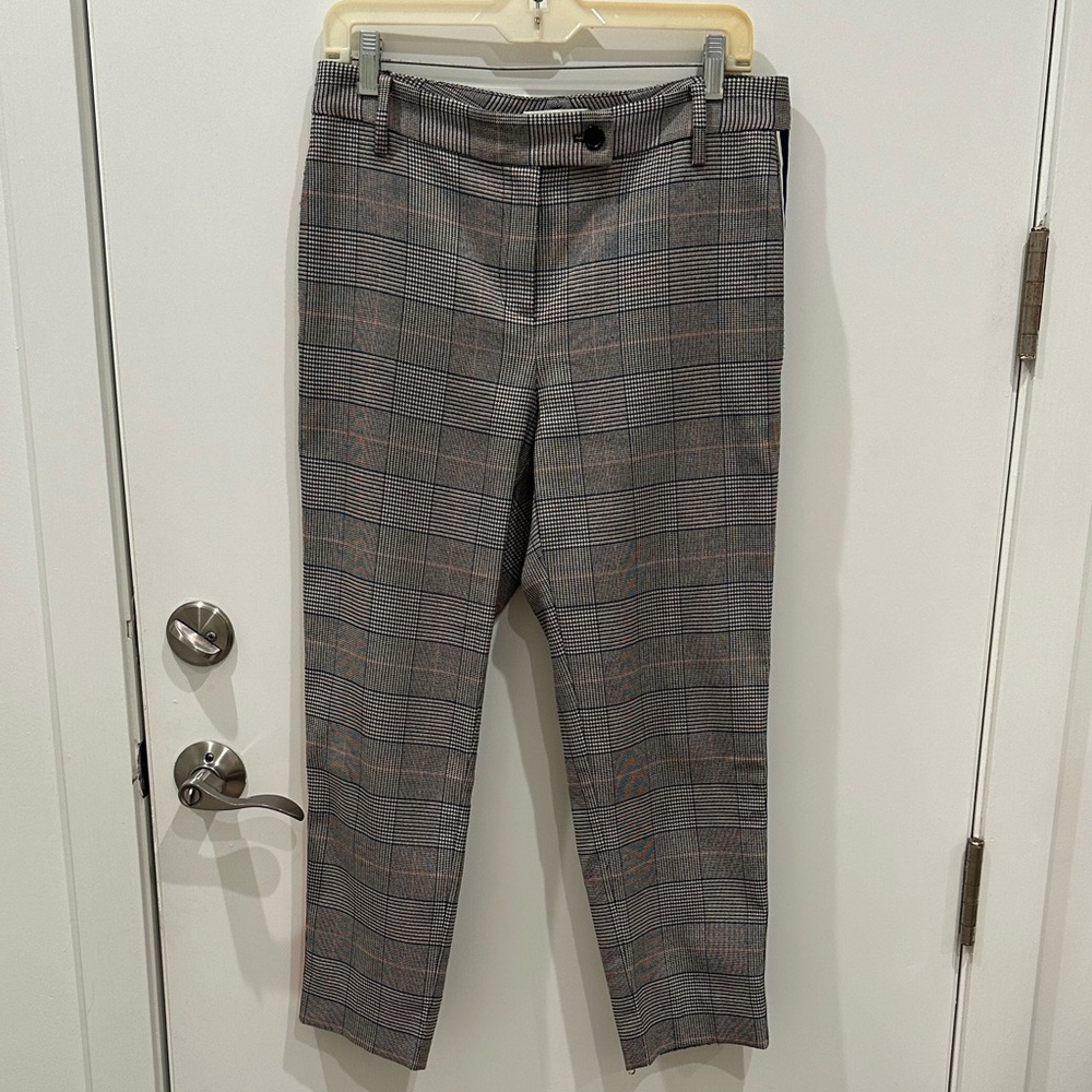 Margaret O’Leary cropped plaid trousers with orange and blue stripes